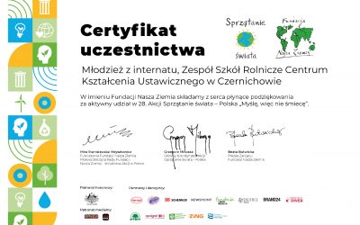 Certyfikat udziału w tegorocznej akcji Sprzątania Świata